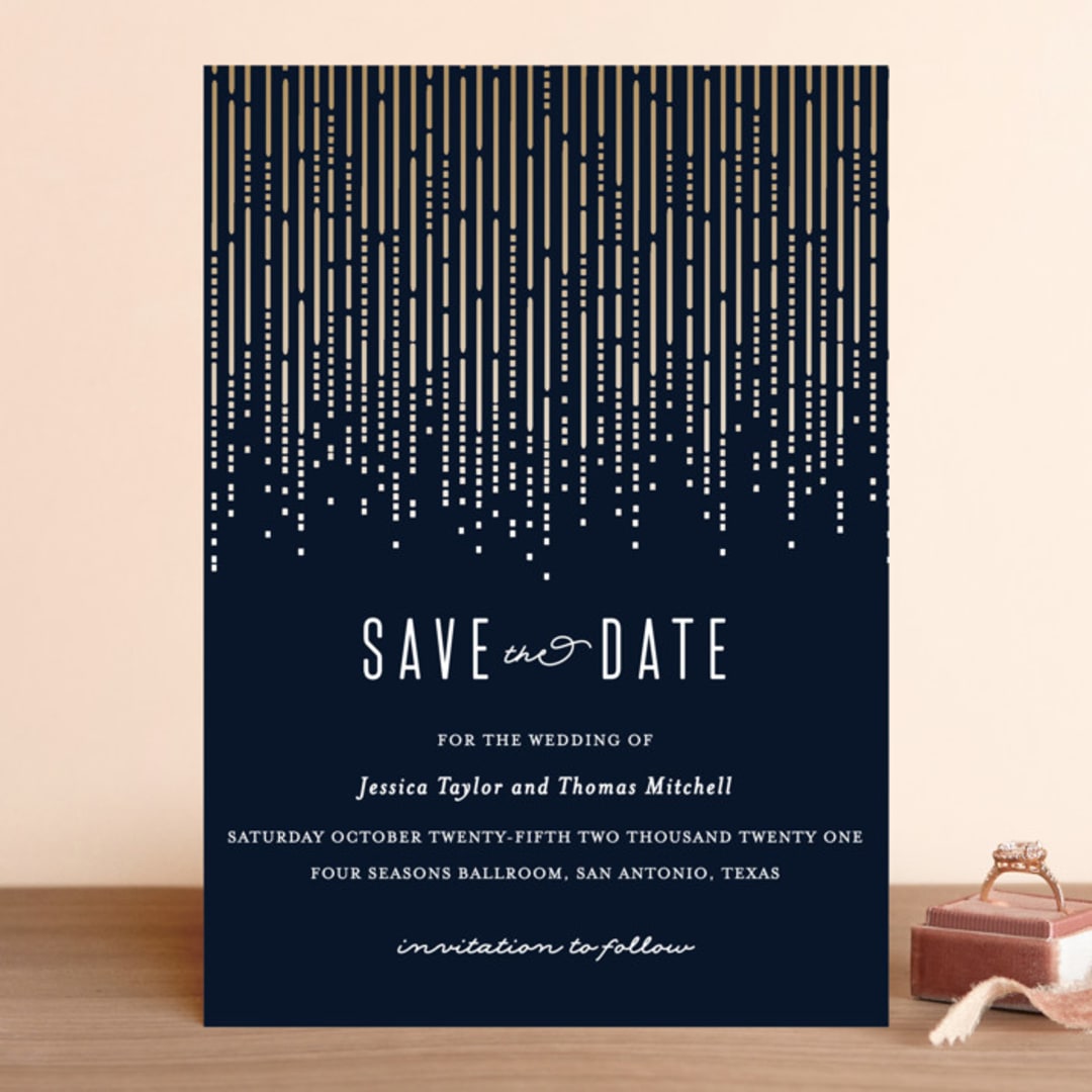 "Crystal Curtain" - Save the Dates in Navy by Rebecca Bowen - Front
