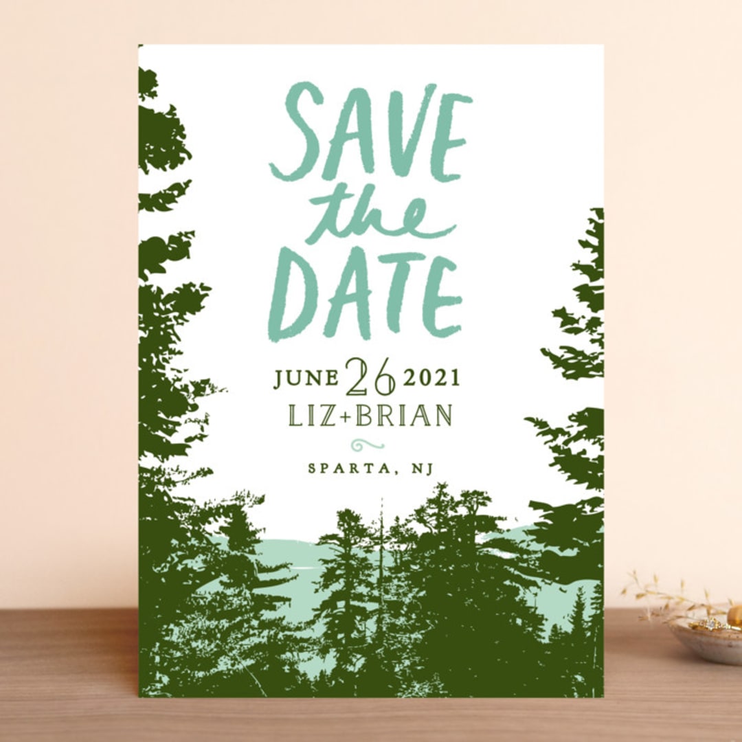 "Mountain View" - Save the Dates in Pine Green by Ariel Rutland - Front