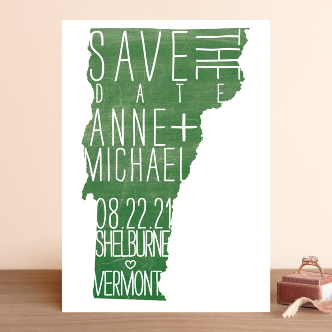 "State Stamp - Vermont" - Save the Dates in Forest by Erin Hodges - Front