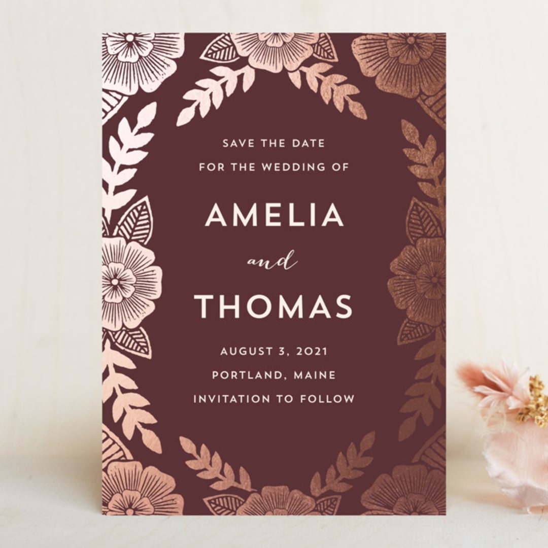 "Bold Floral" - Save the Dates in Plum by Katharine Watson - Front