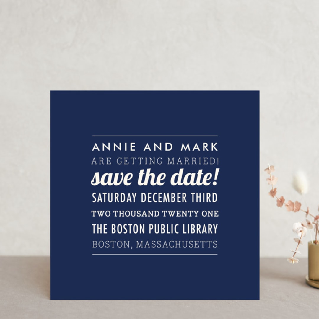 "The Square Type" - Save the Dates in Navy by Design Lotus - Front