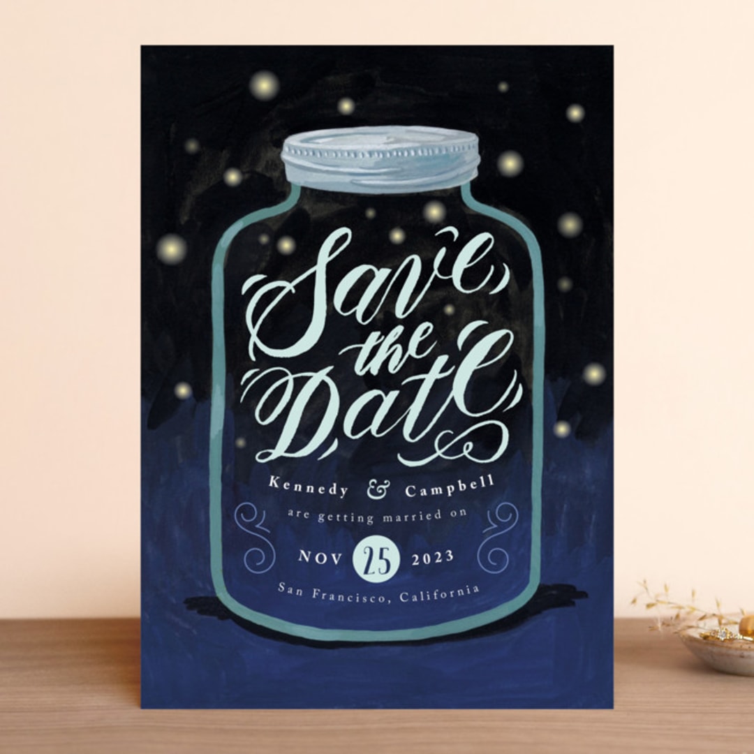 "Firefly Mason Jar" - Save the Dates in Midnight by Shannon Chen of Four Wet Feet Studio - Front