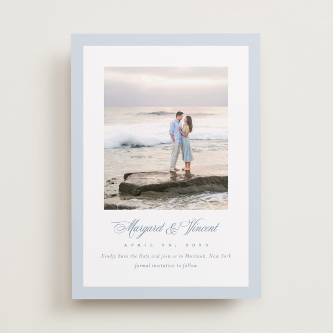 "Coastal Charm" - Save the Dates in Dusty Blue by Jennifer Postorino - Front