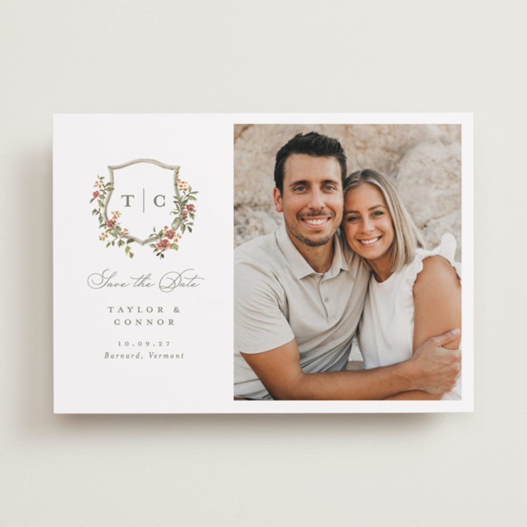 "Foliage Crest" - Save the Dates in Mulberry by Everett Paper Goods - Front
