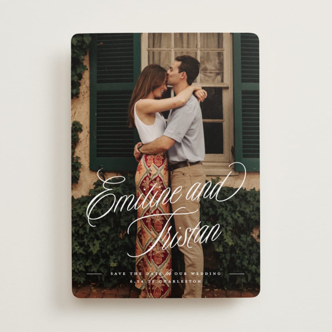 "Sentimental Script" - Save the Dates in Cotton by Susan Zinader - Front