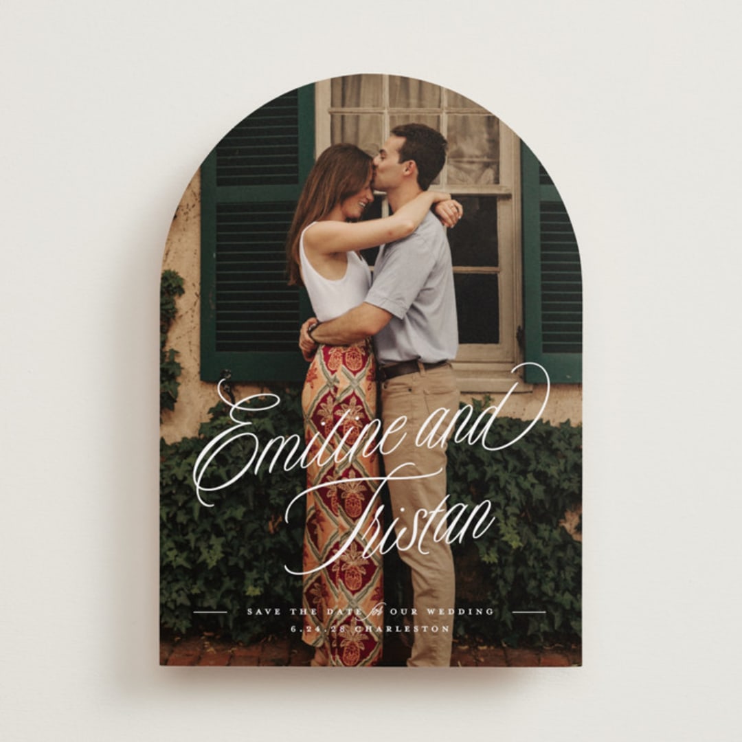 "Sentimental Script" - Save the Dates in Cotton by Susan Zinader - Front