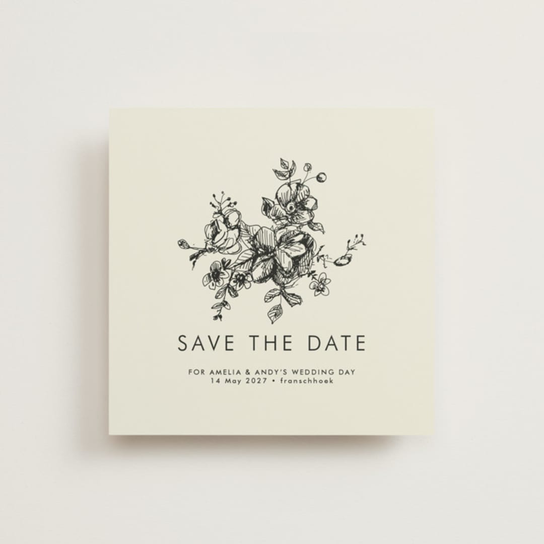 "Elegance Illustrated" - Save the Dates in Cream by Phrosné Barwood - Front