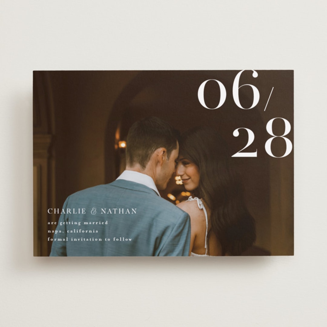 "Our Big Date" - Save the Dates in Pearl by Shannon Chen of Four Wet Feet Studio - Front