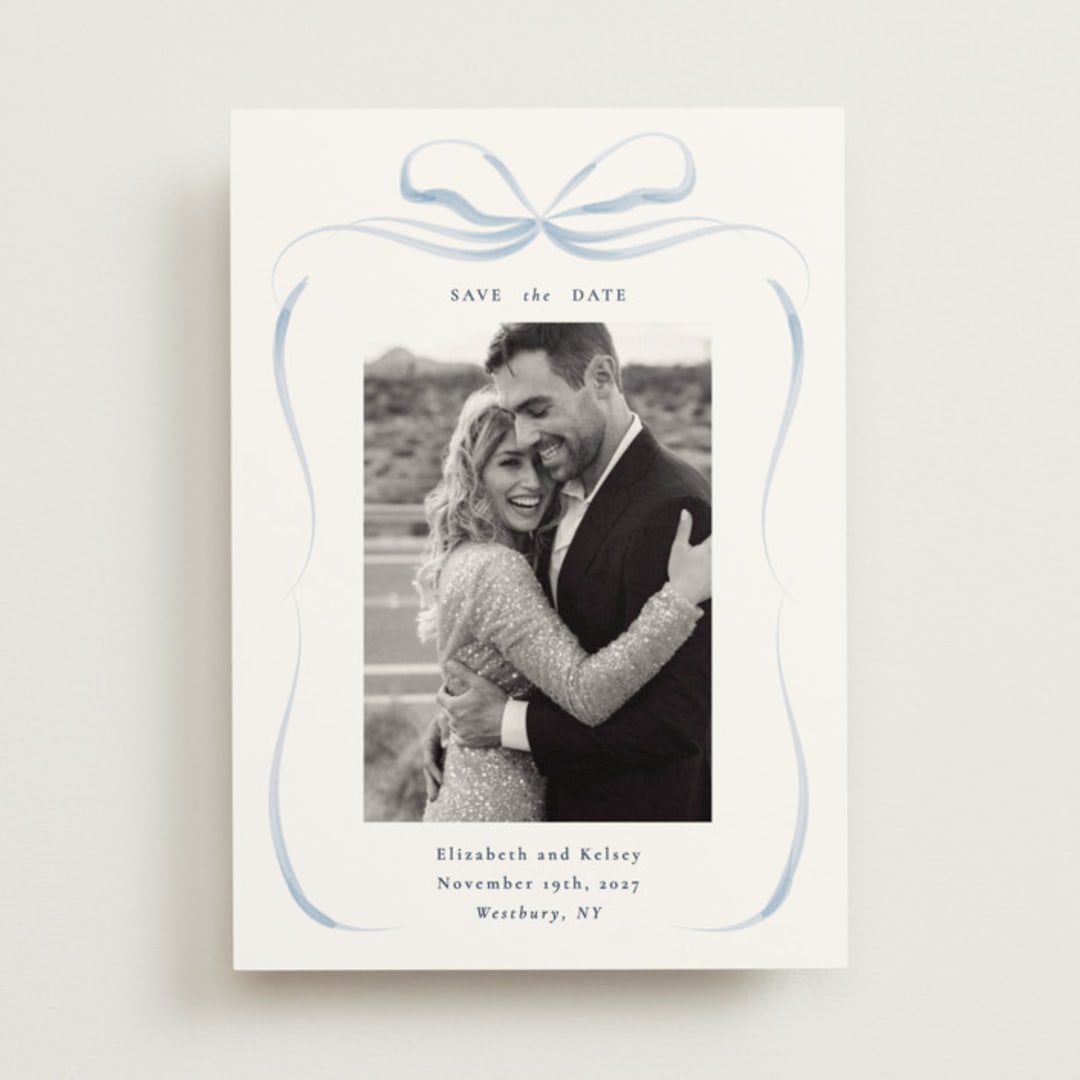 "Bow" - Save the Dates in Dusty Blue by Corinne Malesic - Front