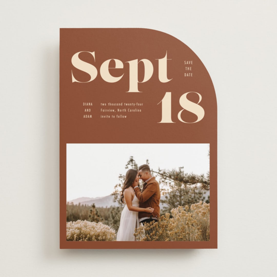 "Bold Print" - Save the Dates in Rust by April Astudillo - Front