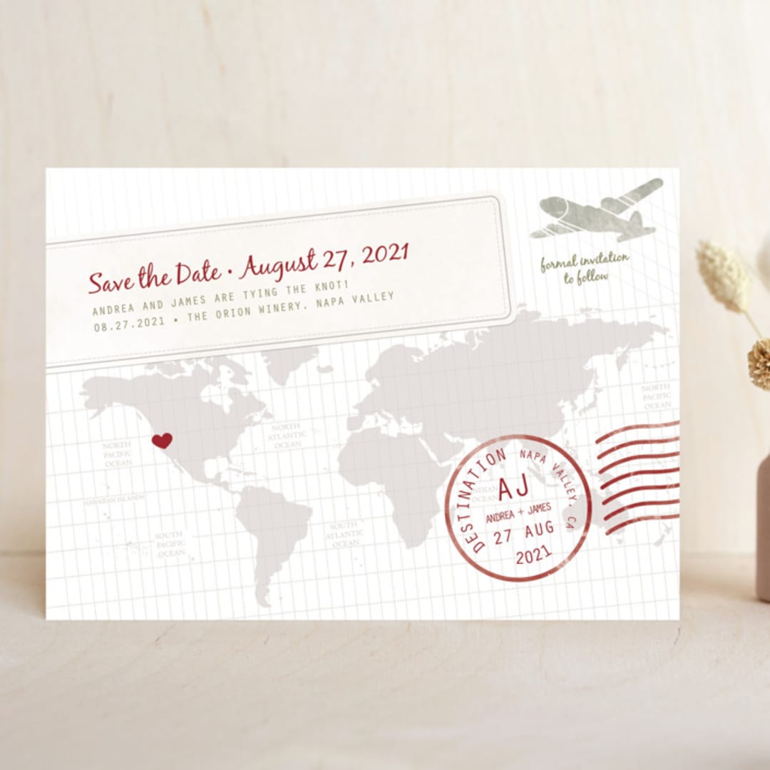 "A Faraway Destination" - Save the Dates in Cranberry by bumble ink - Front