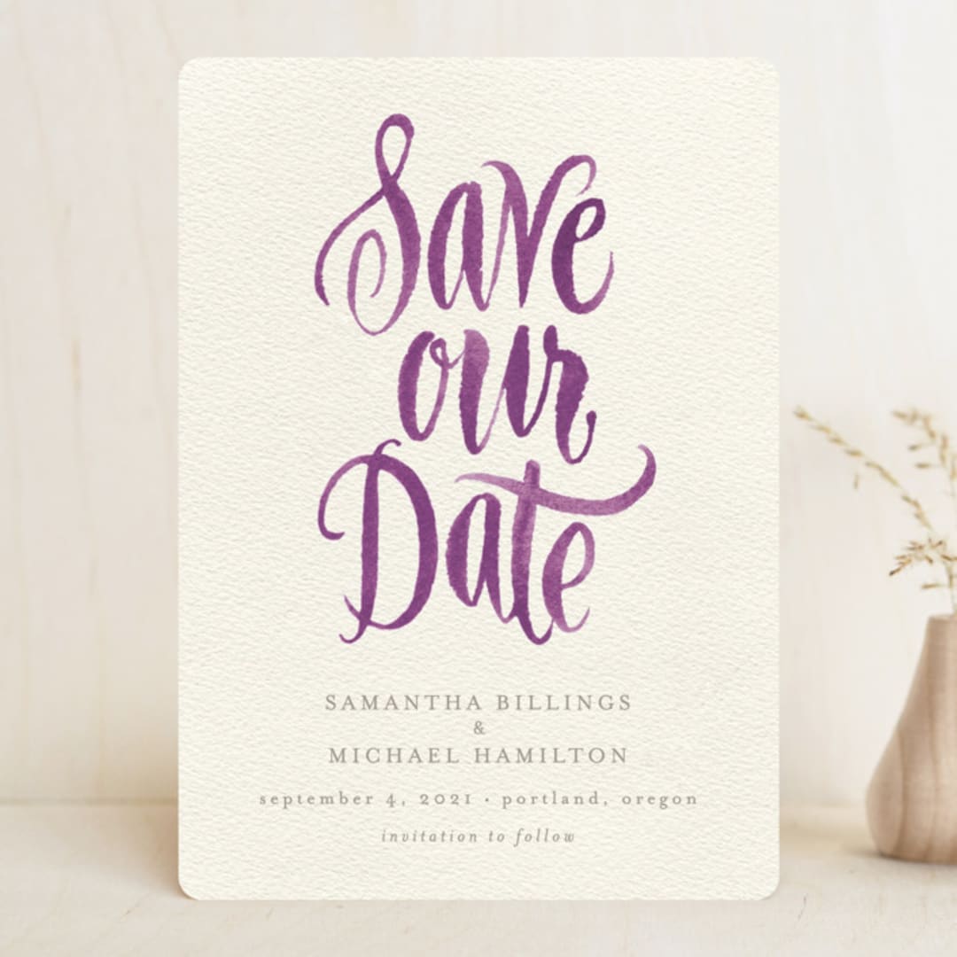 "Painted Simplicity" - Save the Dates in Plum by Laura Bolter - Front
