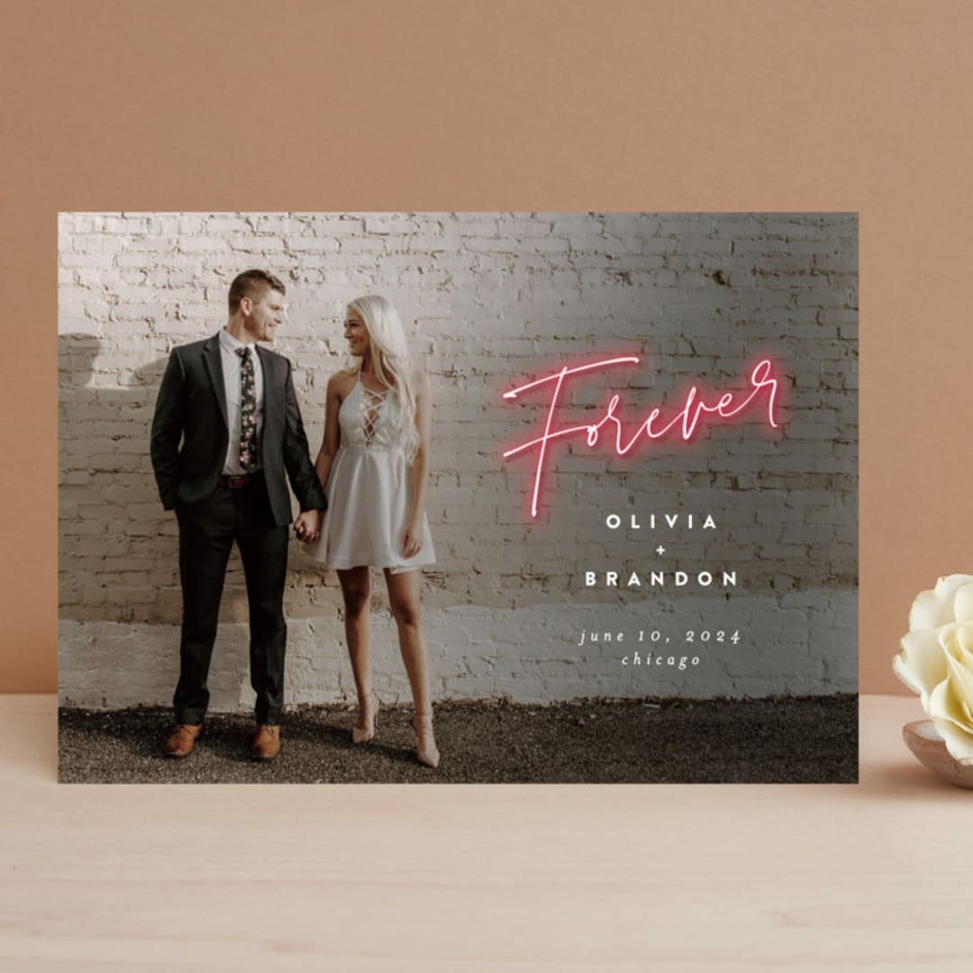"Neon" - Save the Dates in Flamingo by Joanna Griffin - Front