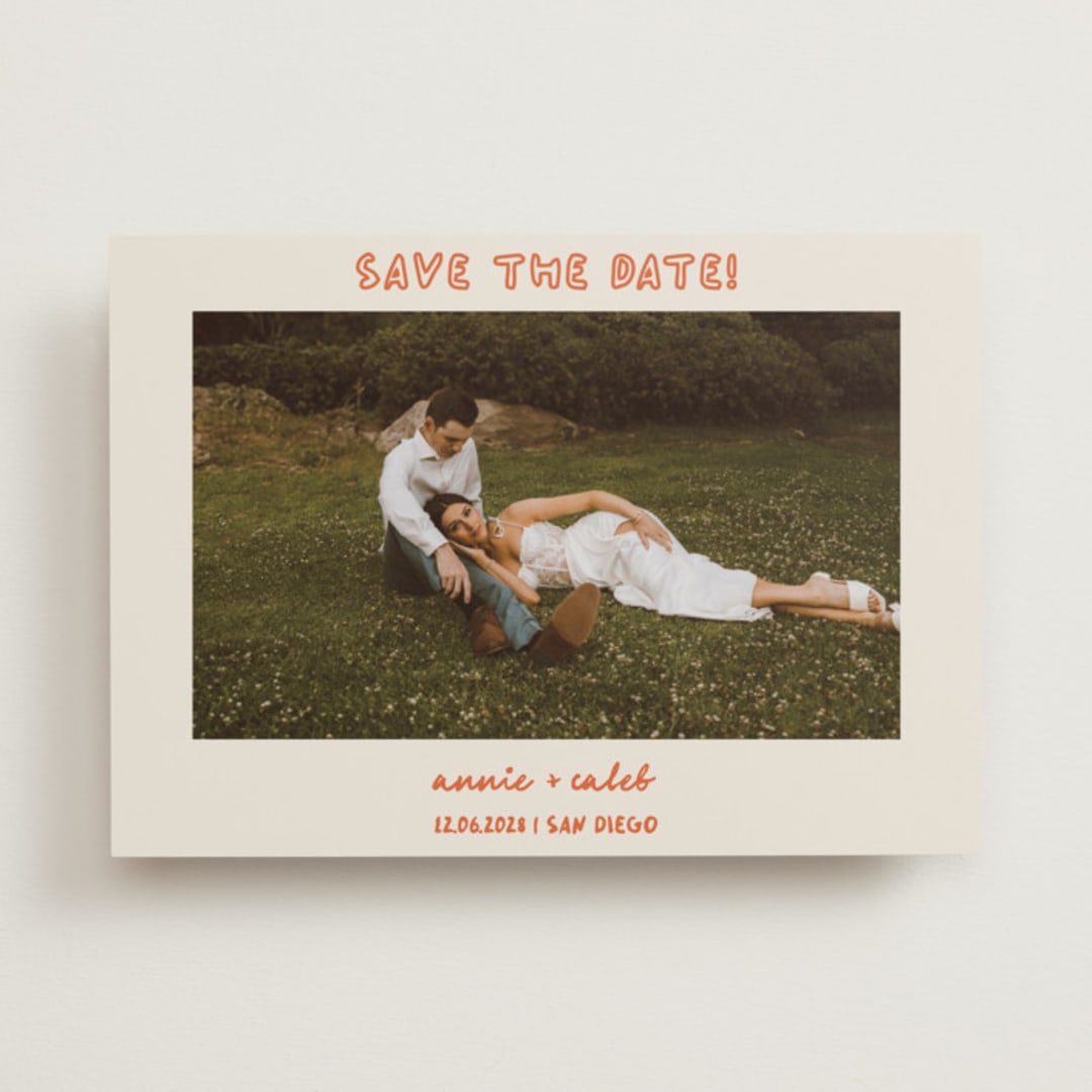"Modern Outline" - Save the Dates in Hibiscus by Stephanie Heinrich Godbout - Front