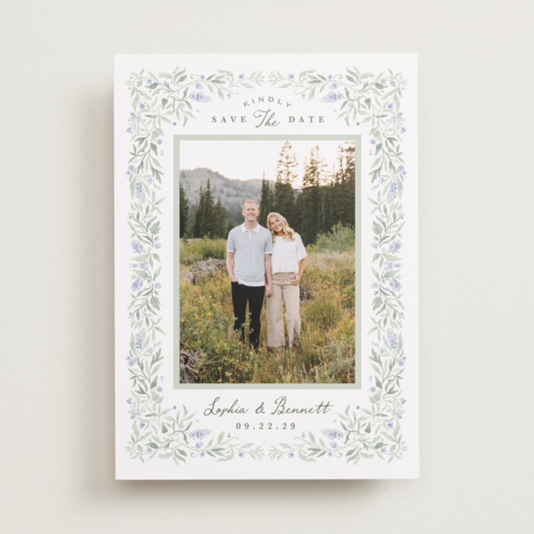 "Delicate Vines" - Save the Dates in Periwinkle by Kristen Smith - Front