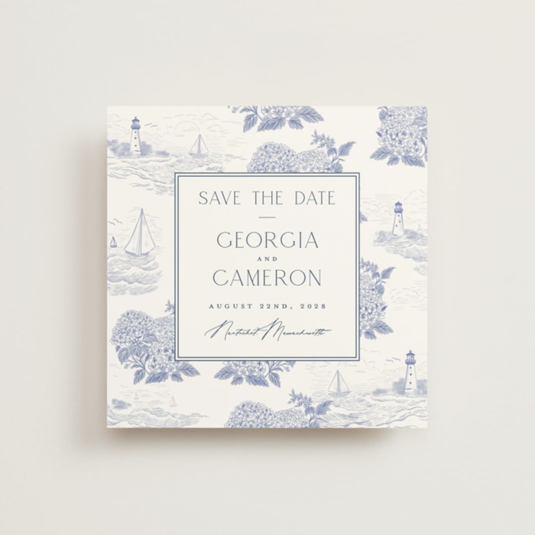 "Coastal Toile" - Save the Dates in Periwinkle by Jenna Holcomb - Front