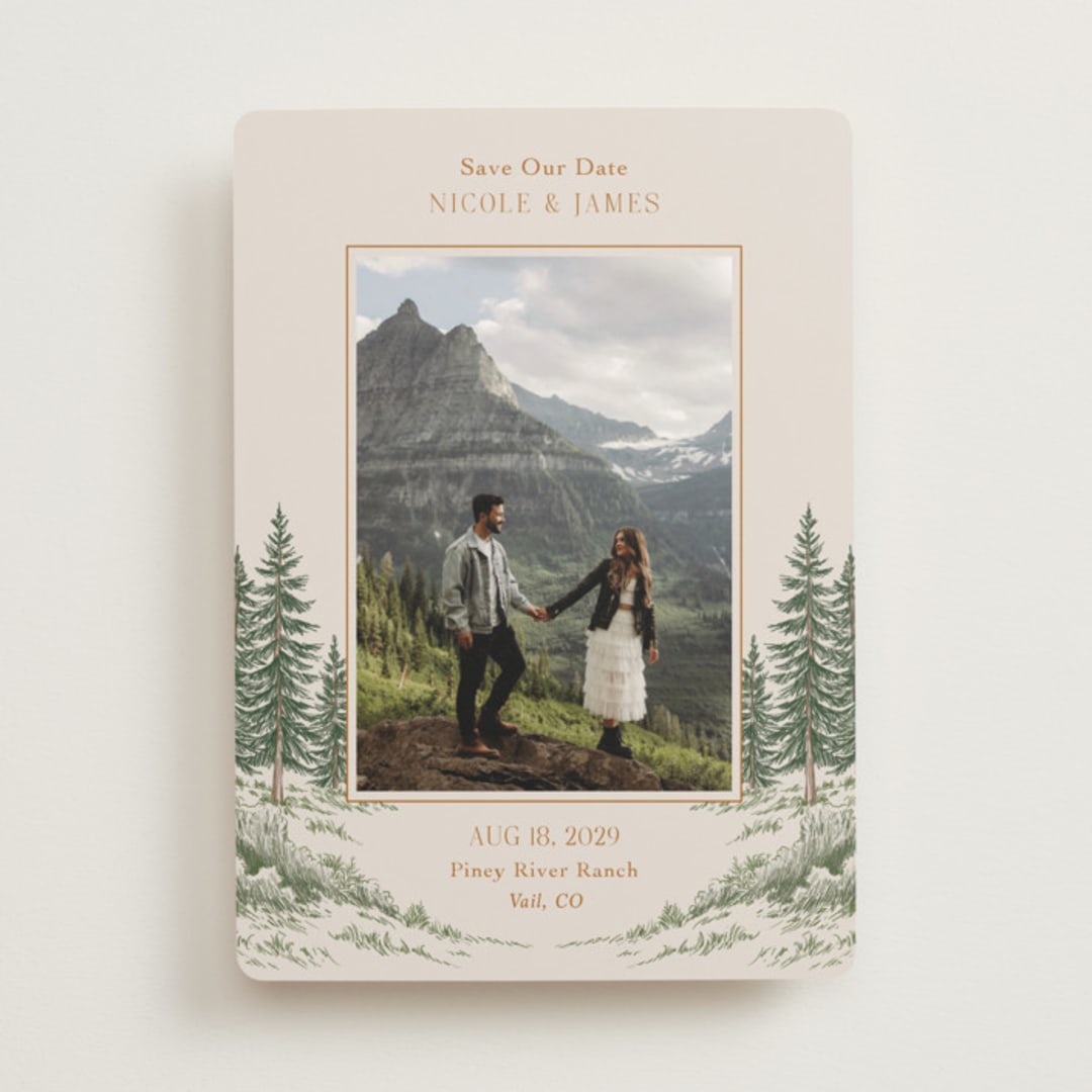 "Whispering Pines" - Save the Dates in Forest by Elly - Front