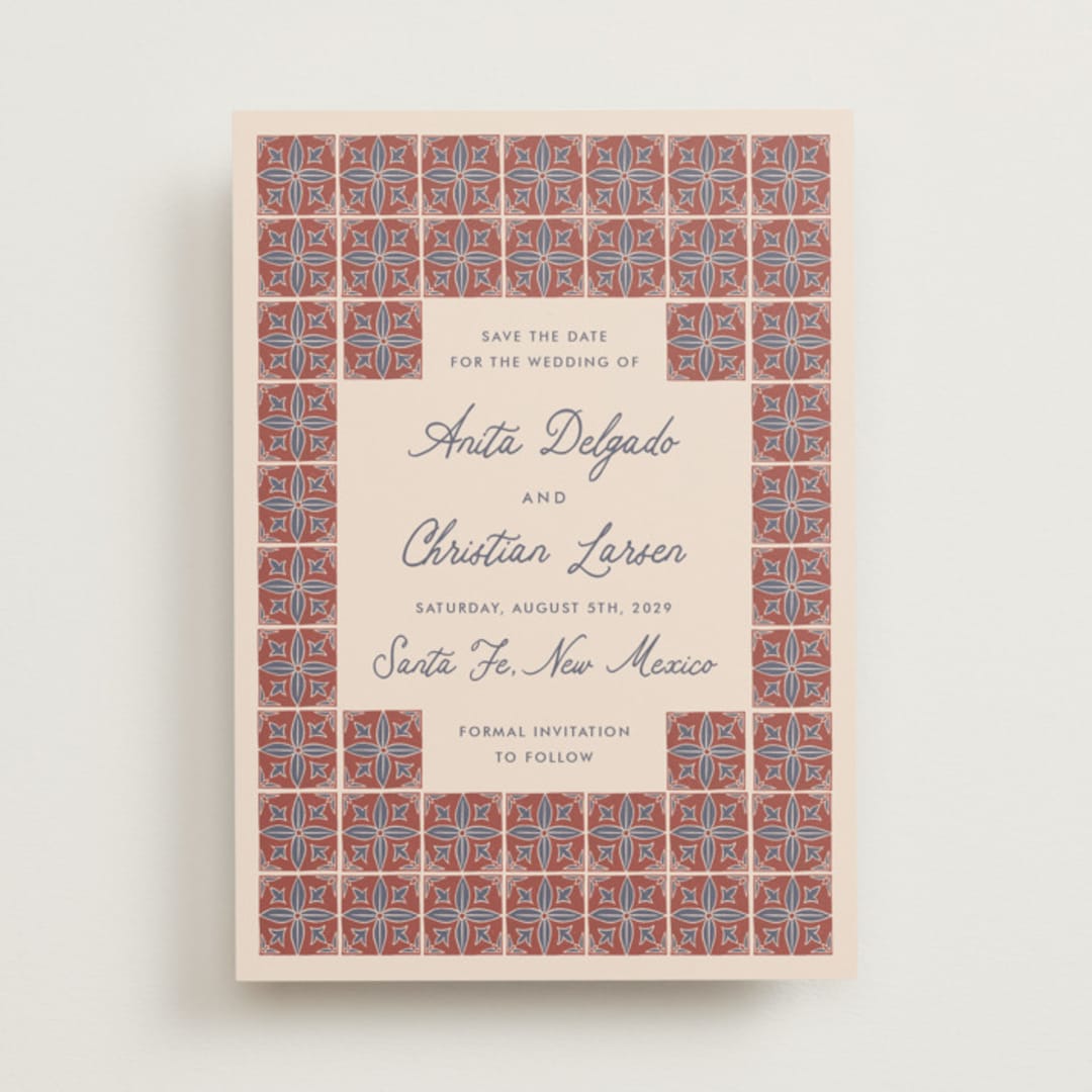 "Block Print Tile" - Save the Dates in Terracotta by Katharine Watson - Front