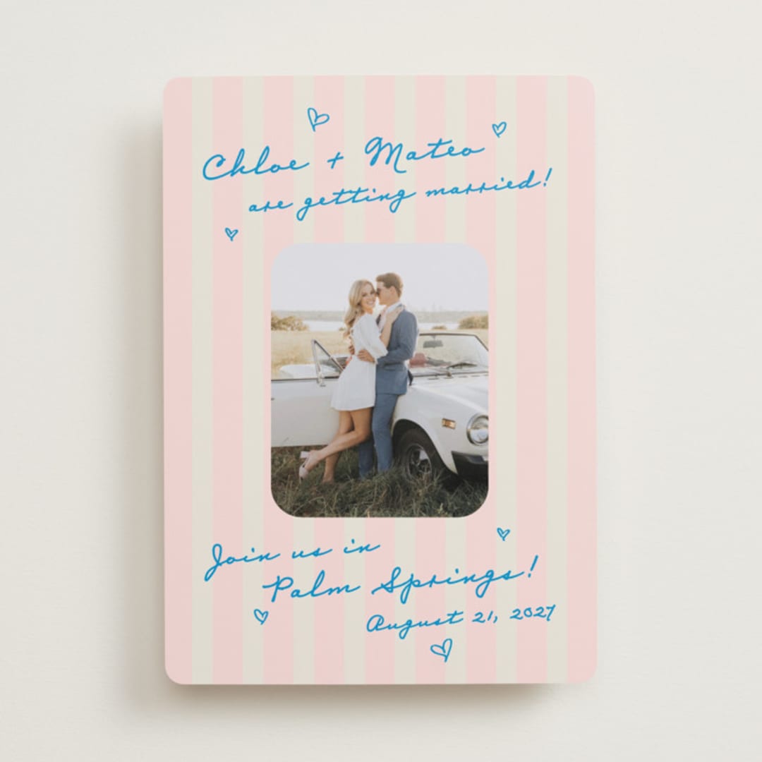 "The Right Stripes" - Save the Dates in Pink Grapefruit by Jackie Crawford - Front