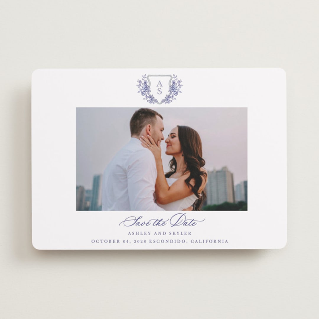 "watercolor flowers crest" - Save the Dates in Dusty Blue by Cass Loh - Front