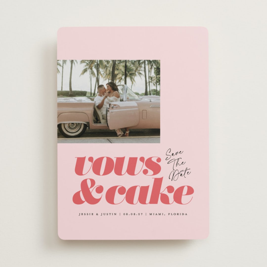 "vows and cake" - Save the Dates in Coral by Laura Hamm - Front
