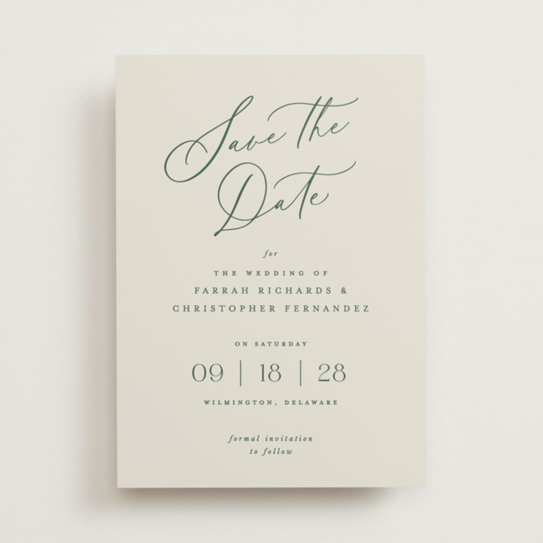 "Beautifully Scripted" - Save the Dates in Evergreen by Hooray Creative - Front