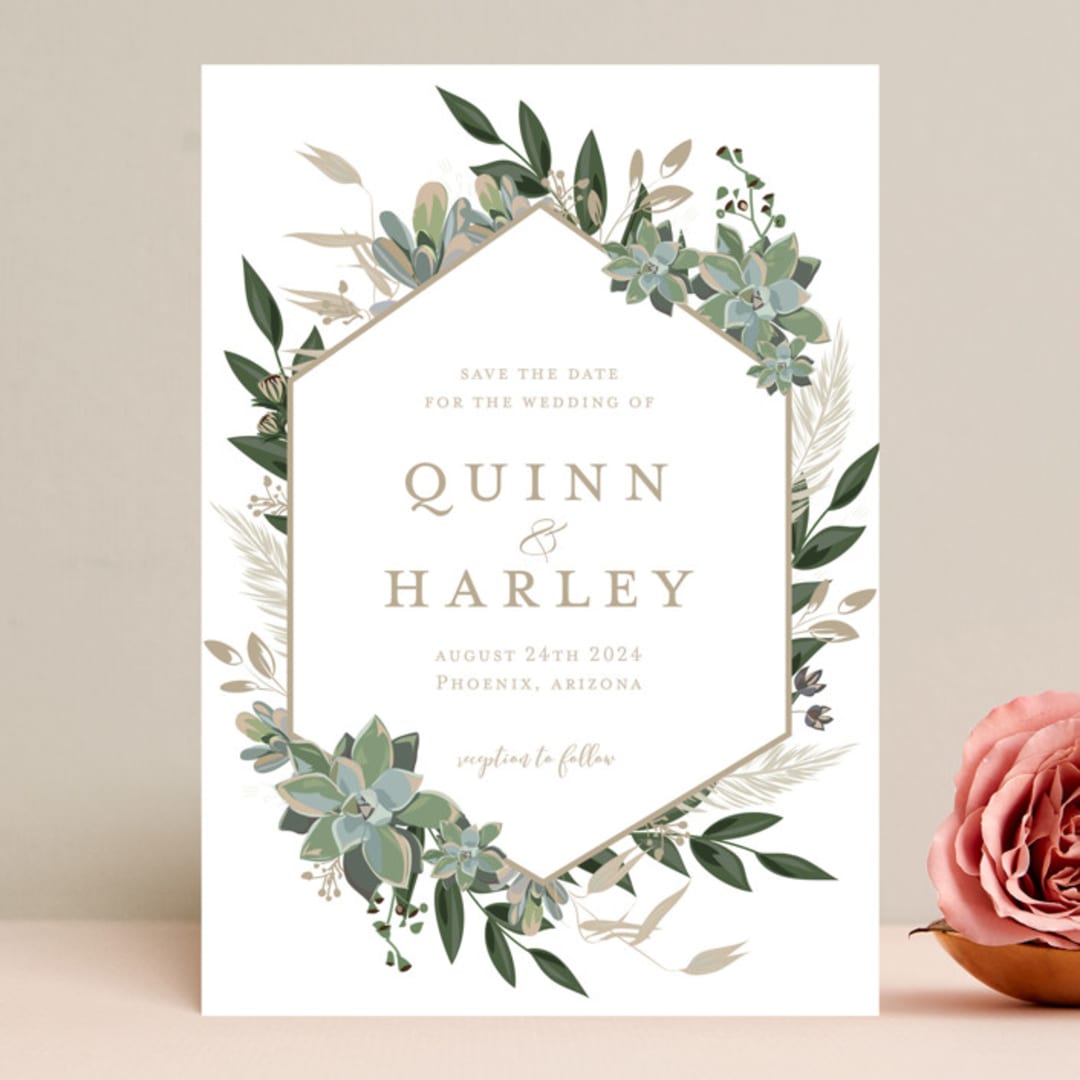 "Succulent Surround" - Save the Dates in Powder by Susan Moyal - Front