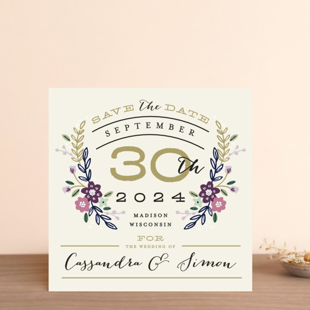 "Wildflower Crest" - Save the Dates in Orchid by Alethea and Ruth - Front
