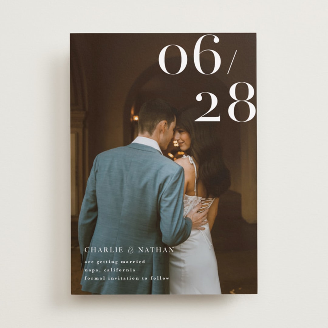 "Our Big Date" - Save the Dates in Pearl by Shannon Chen of Four Wet Feet Studio - Front