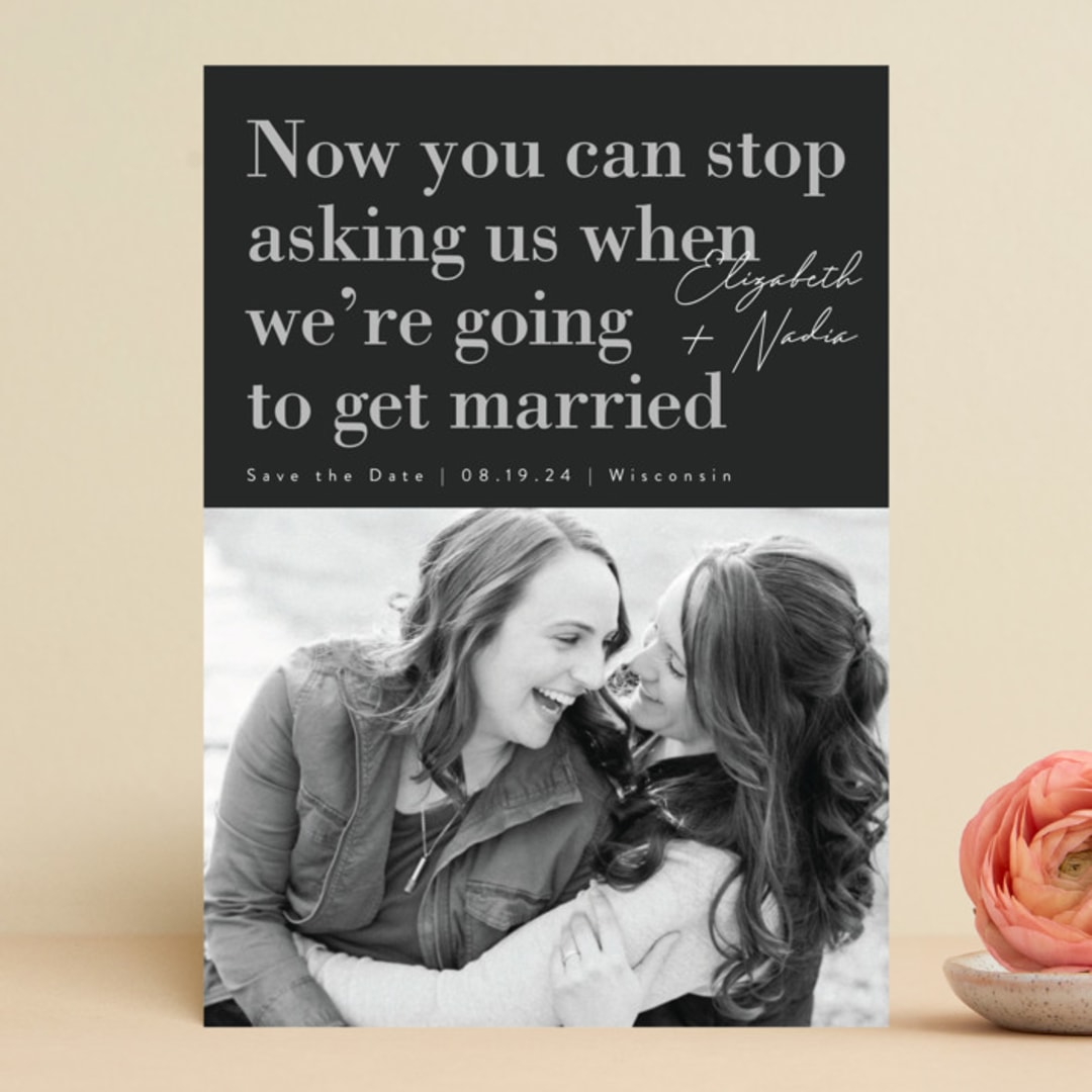 "Love and Laughs" - Save the Dates in Titanium by Corinne Malesic - Front