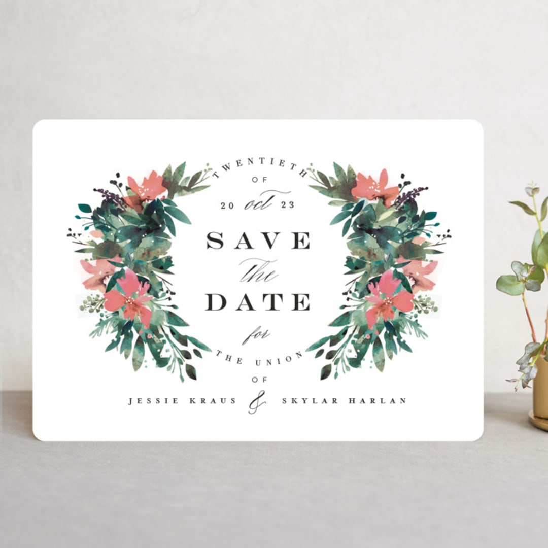 "Painted Laurel" - Save the Dates in Peach by Lori Wemple - Front