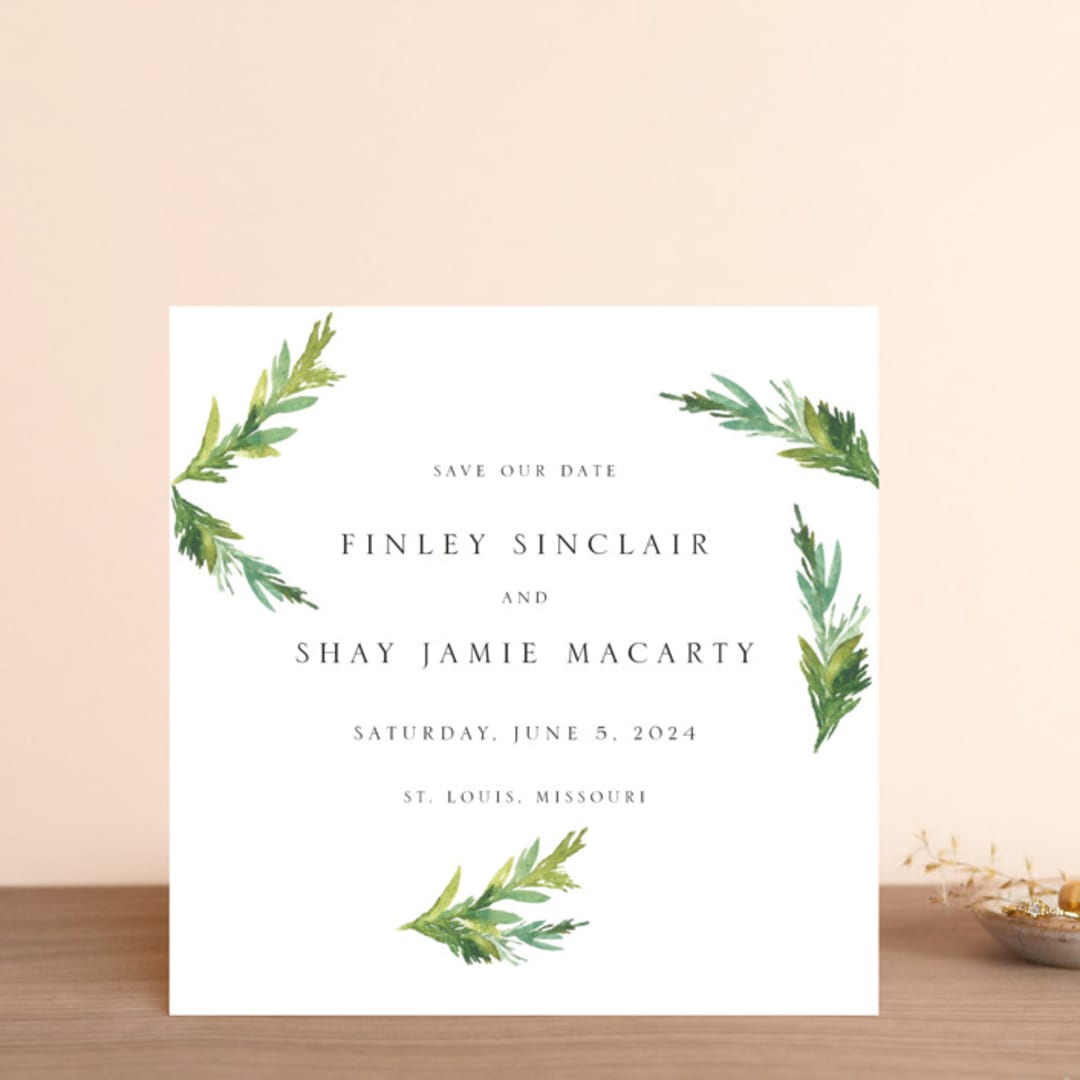 "Simple Pine Branches" - Save the Dates in Vanilla by Mere Paper - Front