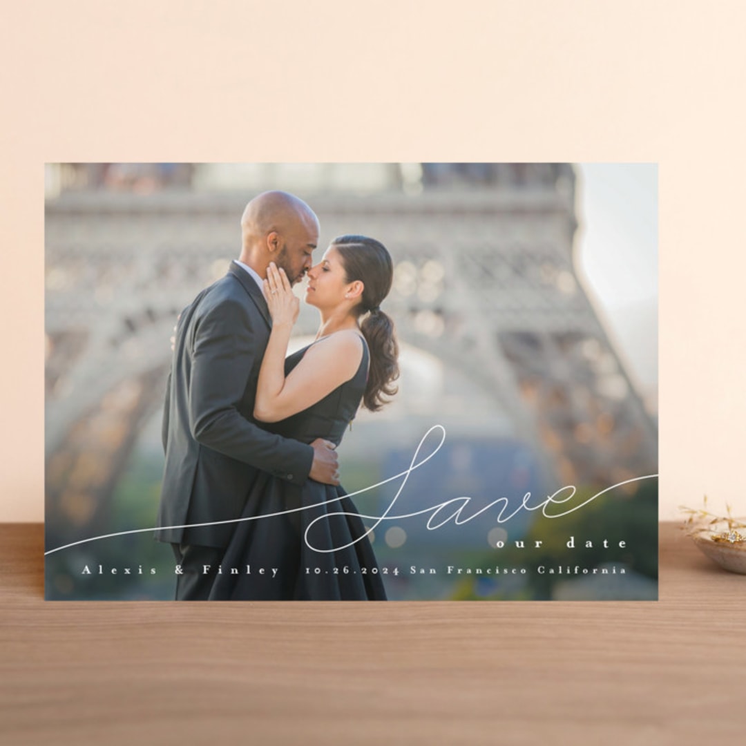 "Contemporary Script" - Save the Dates in Silk by Shannon Chen of Four Wet Feet Studio - Front