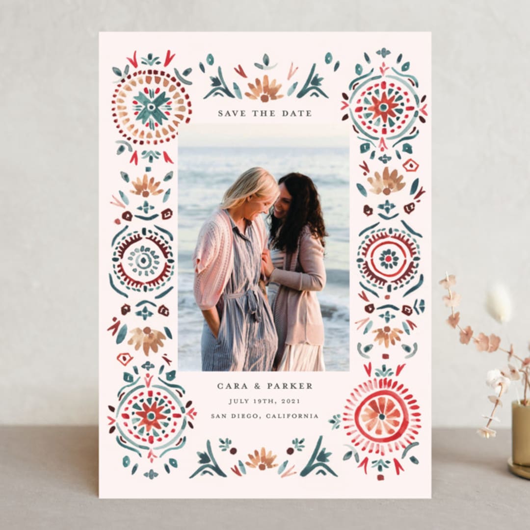 "Boho Bright" - Save the Dates in Pomegranate by Morgan Ramberg - Front