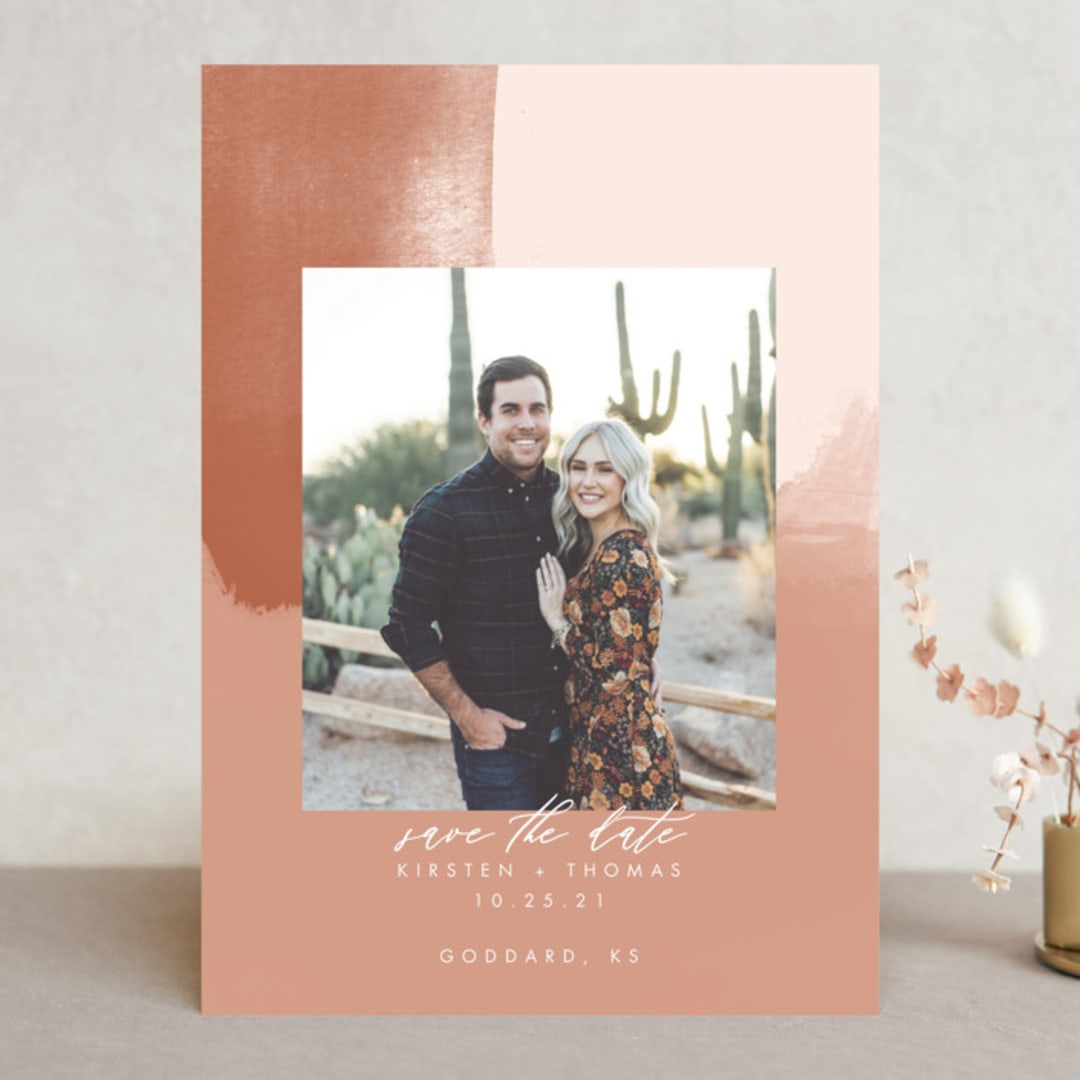 "Minimalist Abstract Sunset" - Save the Dates in Terracotta by Stephanie Given - Front