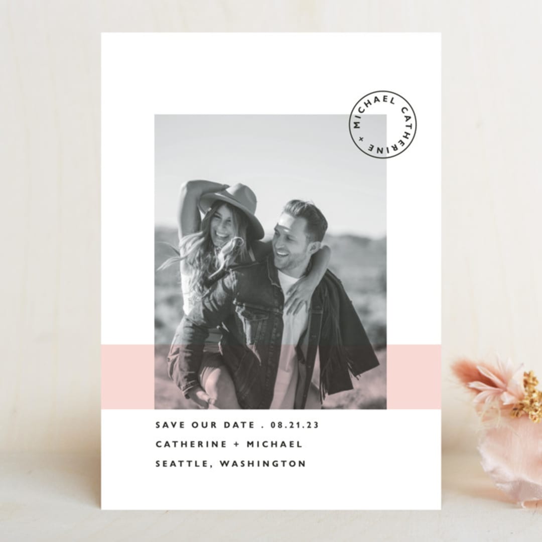"Sealed with a Kiss" - Save the Dates in Blush by Hudson meet Rose - Front