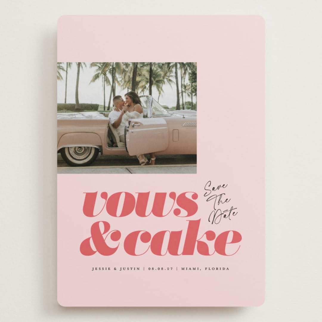 "vows and cake" - Save the Dates in Coral by Laura Hamm - Front