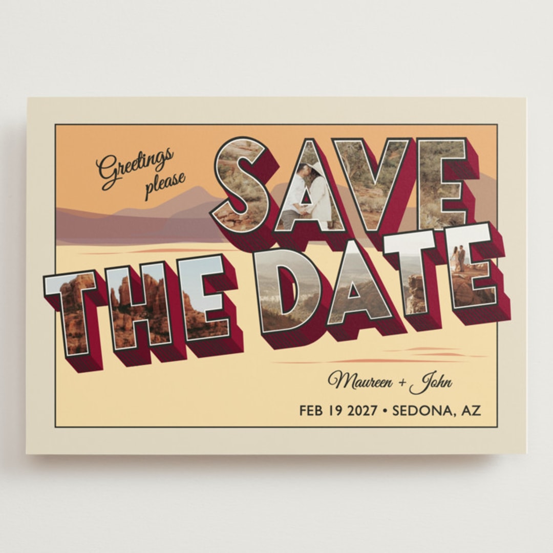 "A Retro Save the Date" - Save the Dates in Sunset by Ashley Bird - Front