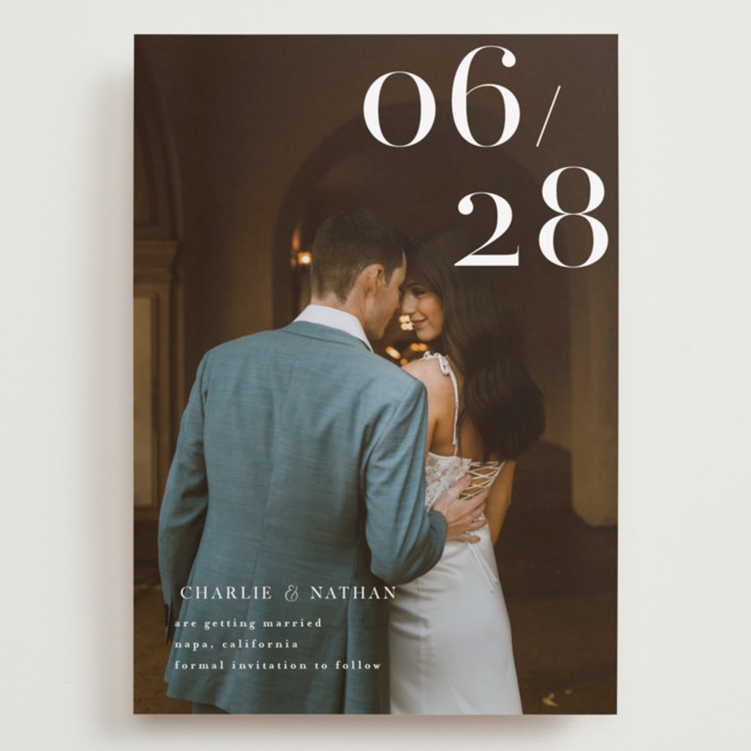 "Our Big Date" - Save the Dates in Pearl by Shannon Chen of Four Wet Feet Studio - Front