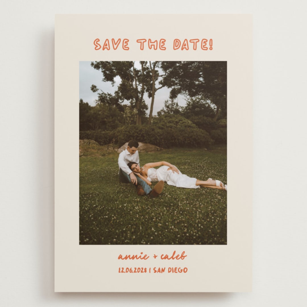 "Modern Outline" - Save the Dates in Hibiscus by Stephanie Heinrich Godbout - Front