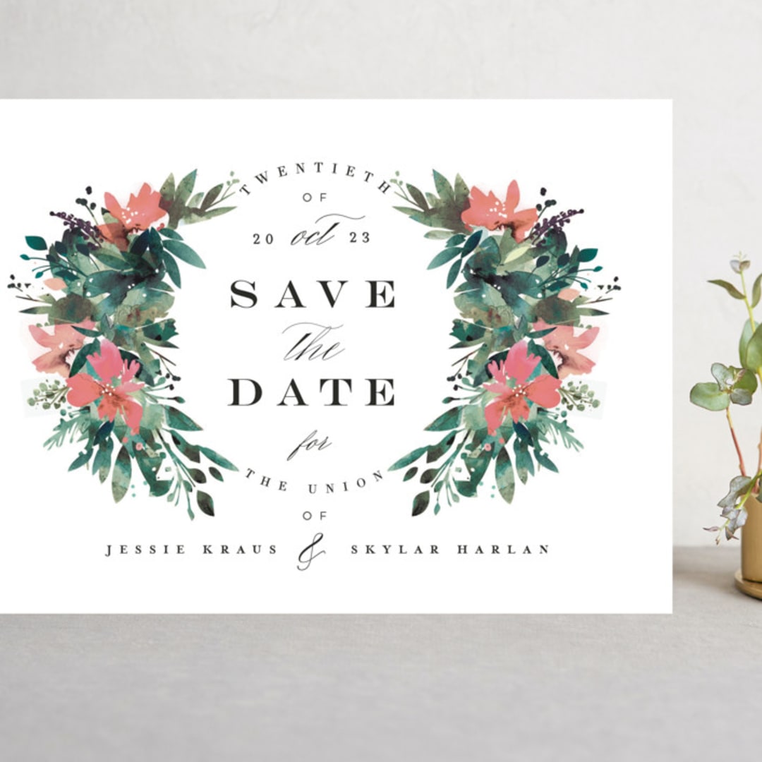 "Painted Laurel" - Save the Dates in Peach by Lori Wemple - Front