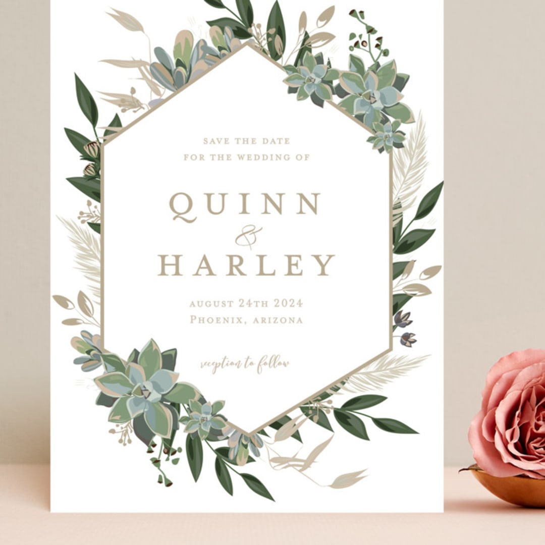 "Succulent Surround" - Save the Dates in Powder by Susan Moyal - Front