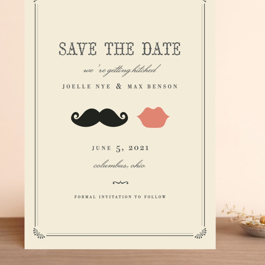 "Stache + Kiss" - Save the Dates in Crème by Penelope Poppy - Front