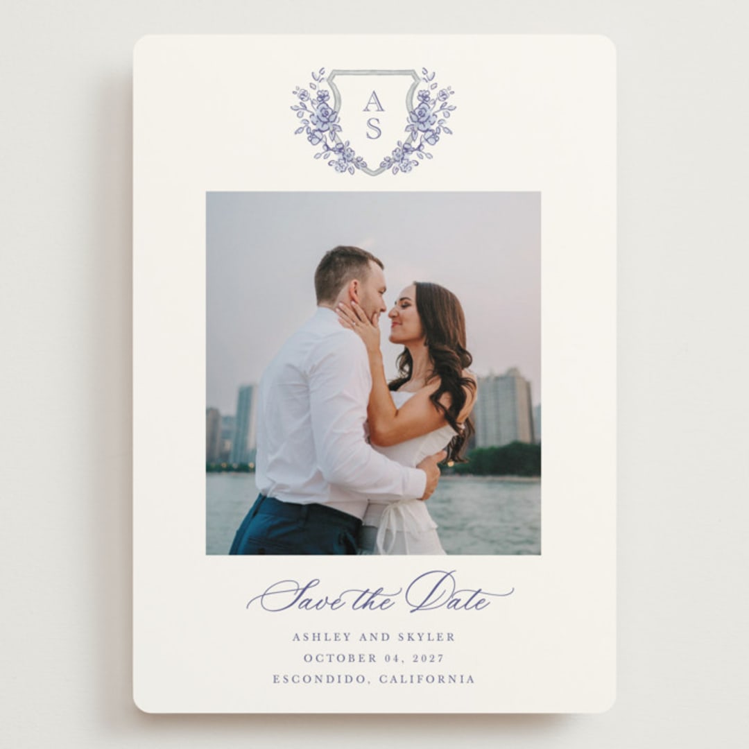 "watercolor flowers crest" - Save the Dates in Dusty Blue by Cass Loh - Front