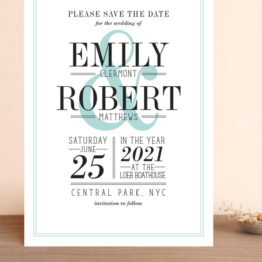 "Wed in Type" - Save the Dates in Sky by Ariel Rutland - Front
