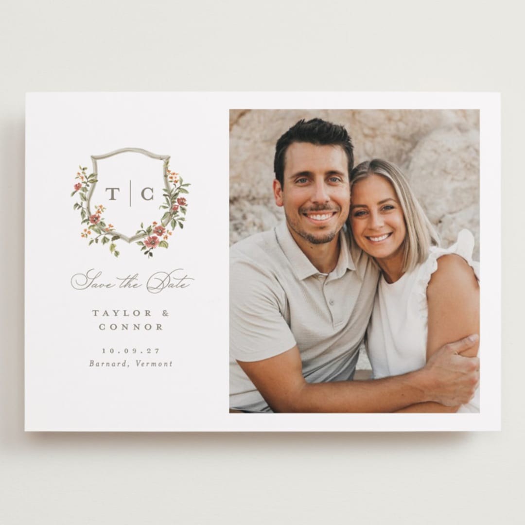 "Foliage Crest" - Save the Dates in Mulberry by Everett Paper Goods - Front