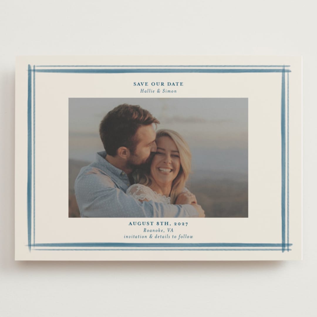 "Gingham Border" - Save the Dates in Indigo by Hannah Bowman - Front