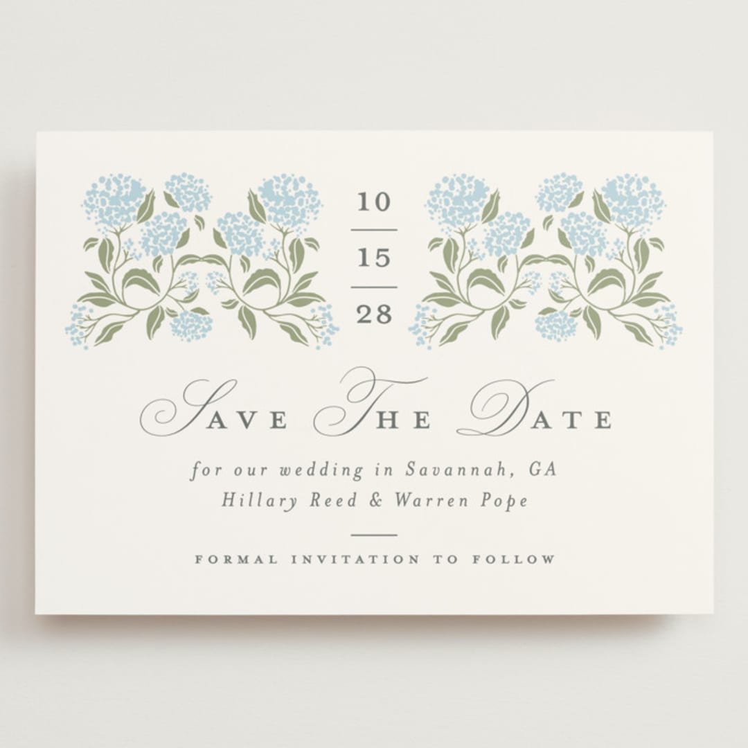 "Hydrangea Hedge" - Save the Dates in Nantucket by Susan Zinader - Front