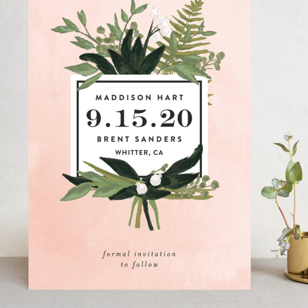 "Botanical Name Plate" - Save the Dates in Blush by Shiny Penny Studio - Front