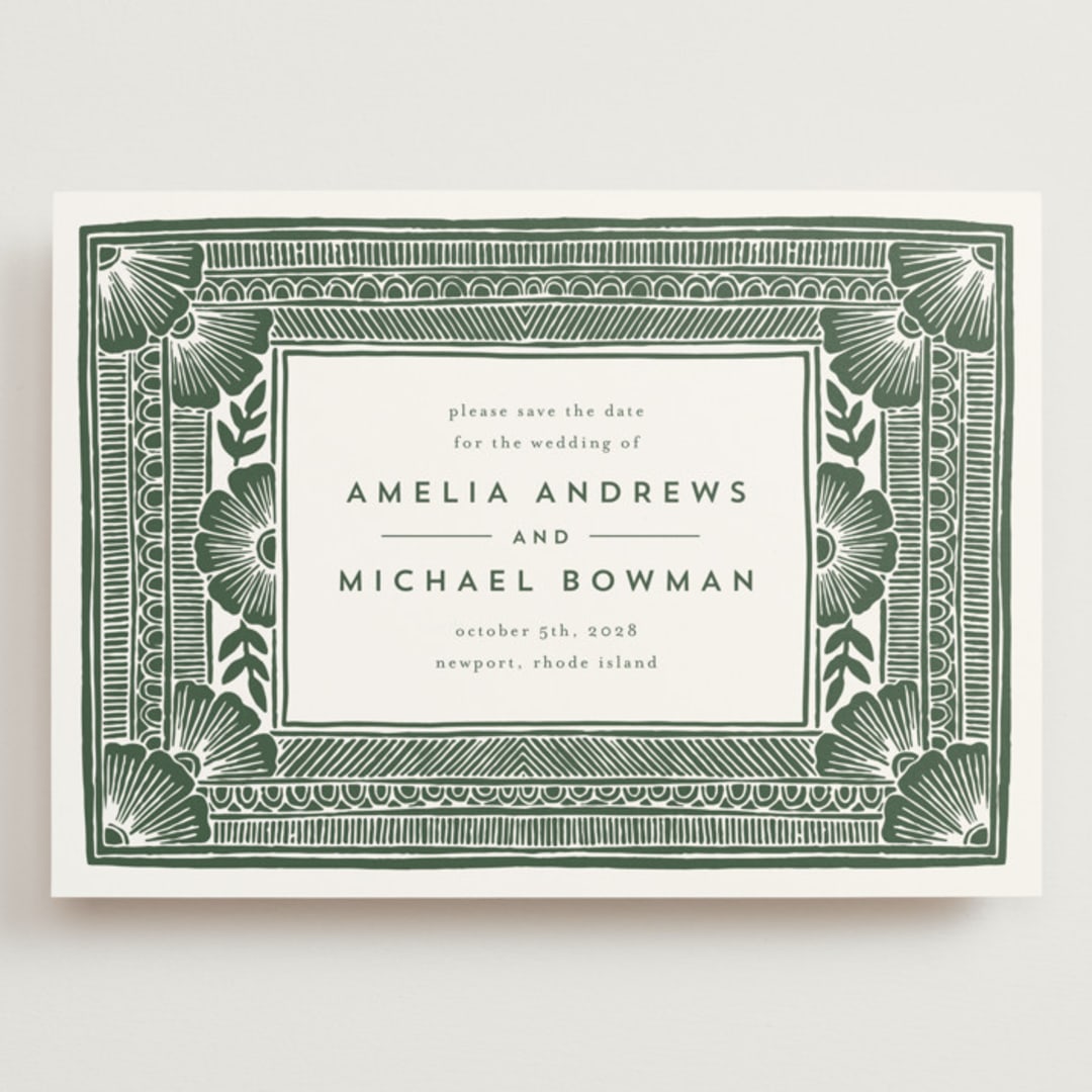 "Block Print Frame" - Save the Dates in Fern by Katharine Watson - Front